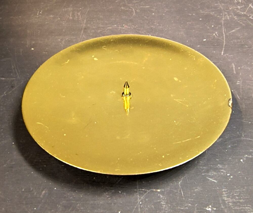 2204. Vintage Brass Plated Pillar Candle Spike Tray by American Greetings Tag On
